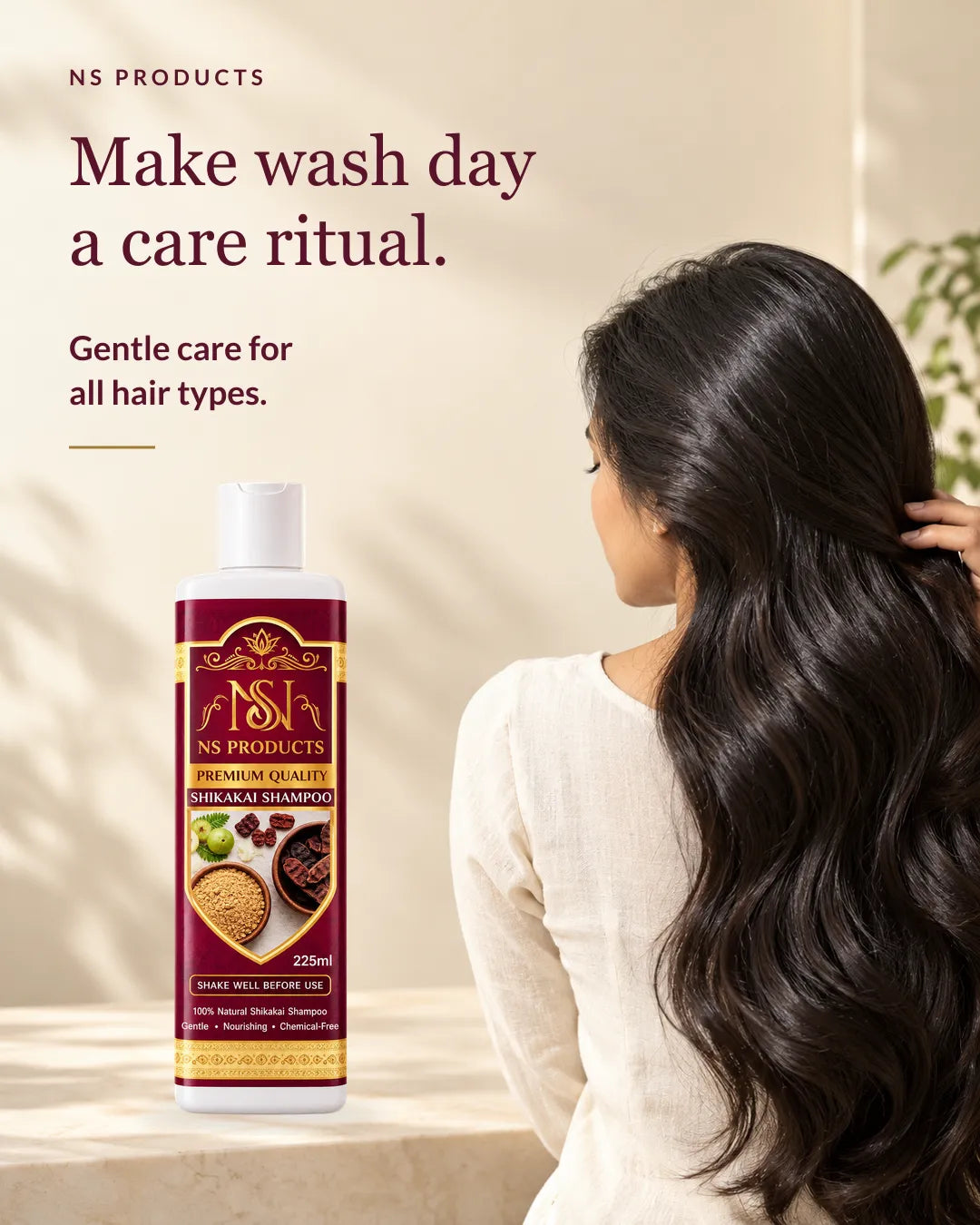 Shikakai Shampoo beside a hair care ritual